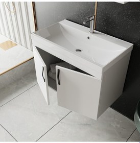 Resim Karen Banyo Ege 80 Cm Lavabolu Alt Banyo Dolabı, Kapaklı Banyo Alt Dolabı,seramik Lavabo Dahil Beyaz 