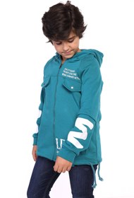 Resim Toontoy Erkek Çocuk Kapüşonlu Fermuarlı Cepli Düşük Omuz Baskılı Reglan Kol Örme Hırka - Beli Ayarla 