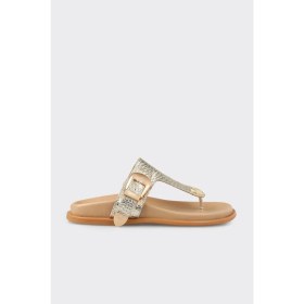 Resim Elle Gold Deri Kadın Parmak Arası Terlik 