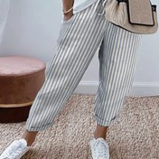 Resim Şık Çizgili Pamuklu Rahat Açık Bej Renkli Cepli Ayak Bileği Pantolon - İp Bağcıklı Tatil Stili 