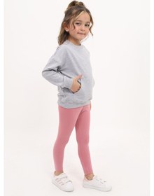 Resim Toontoy Kids Toontoy Kız Çocuk 2'li Takım Baskılı Bisiklet Yaka Düşük Omuz Sweatshirt & Basic Düz Tayt Gri 