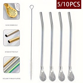 Resim 5/10 Adet Paslanmaz Çelik Pipet Seti - Dayanıklı, Çok Amaçlı Ayrılabilir Temizleme Tasarımlı Pipetler ve Kaşıklar, Meyve Suyu Süzme, Karıştırma Kaşığı ve Pipet Fırçası ile Tam İçecek Aksesuarları ve Mutfak Gereçleri 