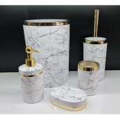 Resim İmera Akrilik Yapım Gold Çizgi Siyah Mermer Desen Soft Banyo Takımı 5'li Yuvarlak Banyo Seti Beyaz 