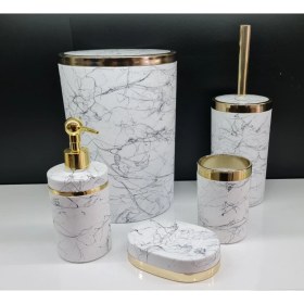 Resim İmera Akrilik Yapım Gold Çizgi Siyah Mermer Desen Soft Banyo Takımı 5'li Yuvarlak Banyo Seti Beyaz 