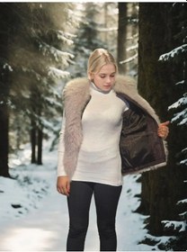 Resim Assema Kadın Premium Doğal Kürk Kolsuz Fermuarlı Yelek - Kahve Çok Renkli 