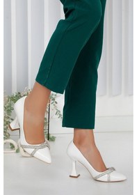 Resim Feles Kadeh Topuk Taşlı Stiletto Kadın Topuklu Ayakkabı Beyaz 