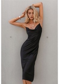 Resim Fashion Cocktail Altın Zincir Askılı Esnek Likralı Saten Diz Altı Uzun Davet Kokteyl Abiye Elbise Siyah Siyah 