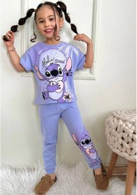 Resim Kız Çocuk Stitchh Desenli Kısa Kollu Tshırt Eşofman 2'li Takım-985 Mor 