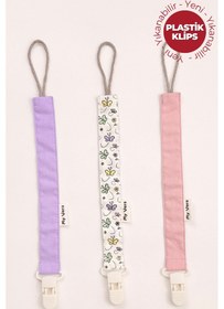 Resim Lila - Kelebek - Pudra - Plastik Klipsli Emzik Askısı Seti - 3'lü Emzik Zinciri Seti 