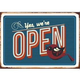 Resim Yes We're Open Yazılı Retro Kuşlu Ahşap Açık Tabela Poster Tablo 