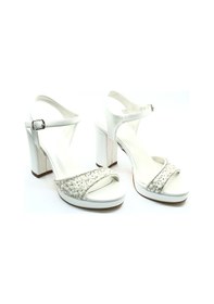 Resim Feles Taşlı Platform Tek Bant Topuklu Kadın Abiye Ayakkabı Beyaz 