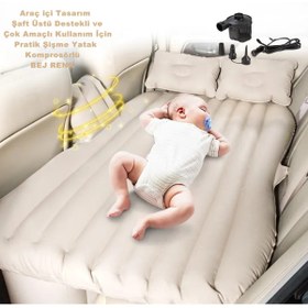 Resim caraks Araba Koltuğu Yatağı Otomobil Arka Koltuk Için Şişme Yatak Komprösörlü Şaft Destekli Bej Renk 