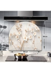 Resim Decorita Cam Ocak Arkası Koruyucu|Oval Şekilli|Beyaz Çiçek-Gold 