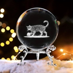 Resim Hediyesahibi Dekoratif Metal Ayaklı 3D Cam Küre 6cm Kedi Tasarımlı Şık ve Modern Aydınlatma 