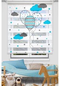 Resim Mavi Uçan Balon Ve Bulut Baskılı Çocuk Odası Perdesi - Dijital Baskılı Zebra Stor Perde Mavi 