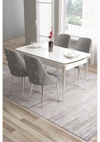 Resim Canisa Tia Serisi 80x132 Açılabilir Mdf Krom Detay Beyaz Yemek Masası Ve 4 Gri Sandalye Masa Beyaz Sandalye Gri 