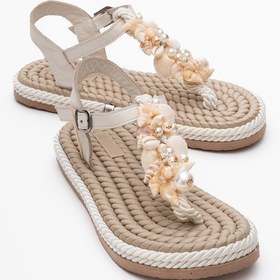Resim Lely Bej Deniz Kabuklu Hakiki Deri Kadın Parmak Arası Sandalet Bej 