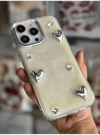 Resim iPhone 15 Pro Uyumlu Silikon Kılıf, 3D Gümüş Kalp Detaylı, Ekru 