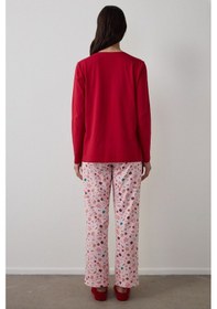 Resim Kırmızı Joyous Time Yılbaşı Temalı Bisiklet Yaka Pamuklu Uzun Kollu Pijama Takımı Rd42 
