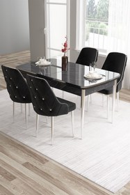Resim Canisa Tia Serisi, Siyah Mermer Desen 80x132 Açılabilir Mdf Yemek Odası Takımı 4 Siyah Sandalye Gümüş Detay 