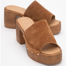 Resim Luvishoes Luvi Shoes Pull Taba Süet Hakiki Deri Kadın Platform Topuklu Terlik Taba 