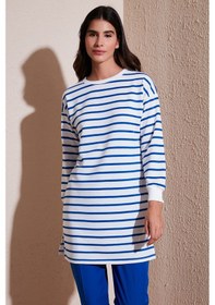 Resim Lela Modest Çizgili Pamuklu Regular Fit Bisiklet Yaka Bayan Tunik 5865784 Saks 