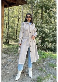 Resim Kadın Taş Rengi Uzun Kol, Çift Cepli, Eteği Oval Kesim, Kemerli, Kaşe Gömlek Kaban Taş 