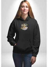 Resim Astronot Kitap Füze Saat Ampül Büyüteç Kadın Erkek Siyah Kapüşonlu Sweatshirt Hoodie Siyah 