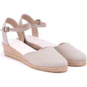 Resim Star Tombis Gerçek Elişi Bej Topuğu Açık Bilekten Bantlı 3cm Dolgu Topuk Keten Hasır Espadril Handmade Bej 