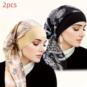 Resim 2 adet Şık Kadınların Esnek Geniş Kenarlı Basılı Başörtüsü Kap, Sarma Kap, Korsan Şapkası, Basılı Bağlama Kap, Günlük Ev ve Dış Mekan Giyiminde Kullanılabilir 