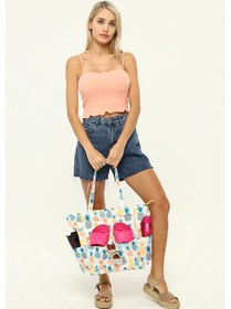 Resim İcone Bag Kadın Çantası, Fonksiyonel Baskılı Plaj Çanta, Beach Bag, Karpuz Tropical Desenli Fermuarlı Çanta Yeşil - Sarı 