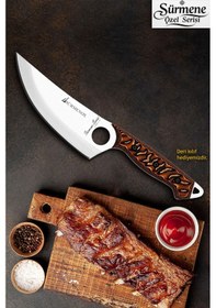 Resim Sürmene Serisi Sivri Mutfak Şef Bıçağı Bıçak Kamp Bıçağı Deri Kılıflı Kahve Verzalit Sap Hds-125 Kahverengi 