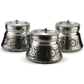 Resim 3 Lü Orta Boy Kalaylı Kapaklı Eskitme Bakır Baharatlık Bakır 