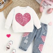 Resim Kızlar için Noel ve Sevgililer Günü İlkbahar/Sonbahar Serin Şeftali Kalp Sweatshirt ve Şeftali Kalp Patchwork Kot Pantolon 2'li Set, Dış Mekan İçin Mükemmel 