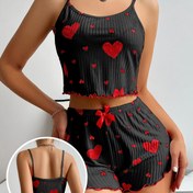Resim Kadın Kalp Desenli Seksi Dantel Katlanmış Kenarlı Pijama Takımları, Yuvarlak Yaka, Spagetti Askılı, Fiyonk, Kısa Şort, Rahat Bol Kesim, Yazlık Uyku Giysileri 
