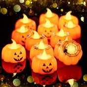 Resim Kutlu Cadılar Bayramı Işık Mumları: 2 Paket 9.14cm x 9.14cm LED Kabak Mumları ile Jack-o'-Lantern Yüzleri ve Örümcek Ağları - Parti Dekorasyonları ve Hayalet Evi Temaları için Mükemmel - 3 LR41 Pili Dahil 