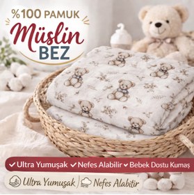 Resim KRN MODA Çok Amaçlı Müslin Örtü, Müslin Bebek Battaniyesi, %100 Pamuk Müslin Bez,80*85 Cm 
