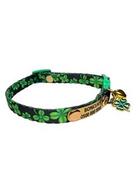 Resim Sabit Künyeli İsimli Kedi Tasması, Güvenlik Kilitli Kedi Tasması, İsimli Kedi Tasması Zımbalı Model Yonca Desenli 