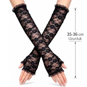 Resim Gültekin Uzun Zarif Dantel Eldiven Parmaksız Siyah 35 cm 