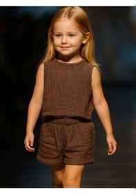Resim Çocuk Müslin Şortlu Takım-15868 Kahverengi 