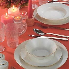 Resim Kütahya Porselen İnci Bone Kalipso 53 Parça 12 Kişilik Yemek Takımı Altın File 