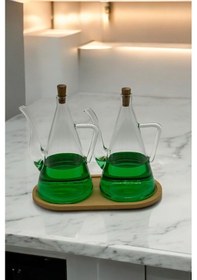 Resim Morponi Borosilikat Cam Bambu Standlı 2'li Glazzy Yağlık Set 500 Ml+500 Ml Şeffaf 