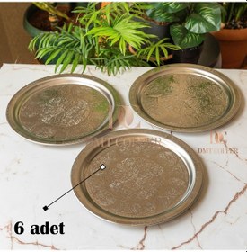 Resim 430 Kalite Krom Çelik 6 Adet Tepsi 24 Cm Fırına Uygun, Osmanlı Motifli, Kebap & Restoran Sunum Tepsisi Gri 