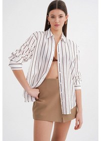 Resim Mixray 4654 Kadın Robalı İnce Çizgili Basic Gömlek Kahve 