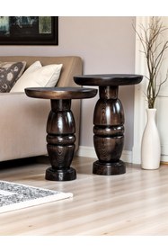 Resim AYLESA Doğal Ahşap 2’li Set Mantar Yan Sehpa Modern Koyu Ceviz Fiskos Zigon Çiçeklik 