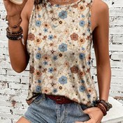 Resim Kadınlar için Yazlık Retro Çiçek Baskılı Kolsuz Tank Top - Yarı Şeffaf Yuvarlak Yaka Hafif Üst, Makinede Yıkanabilir Günlük ve Plaj Kıyafetleri İçin, Yazlık Tank Tops, Plaj Giyim Vazgeçilmezi, Esneklik Olmayan Kumaş 