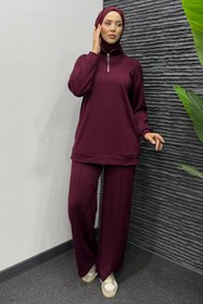 Resim Tesettür Diyarı Kadın Yarım Fermuarlı Alt Üst Spor Tesettür Takım- Bordo 