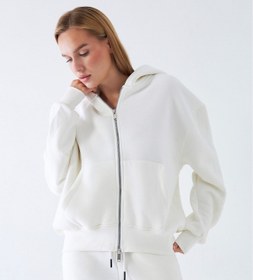Resim Kadın Oversize Eşofman Takımı Zip Beyaz - Fermuarlı, Kapüşonlu, Bol Paça, 3 İplik Şardonlu Polar - XL / BEYAZ 