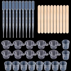 Resim 40 parça epoksi reçine döküm araçları seti, 10 adet ahşap çubuk, 10 adet karıştırma bardağı, 10 adet 30ml ölçüm bardağı, 10 adet plastik damlalık, 10 adet ahşap çubuk, 10 adet karıştırma bardağı içerir, Başlangıç seviyesi DIY reçine araçları seti 