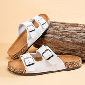 Resim Birkenstock Erkek Çiftler İçin Mantar Vintage Deri Yarım Parmak Arası Terlik Beyaz 